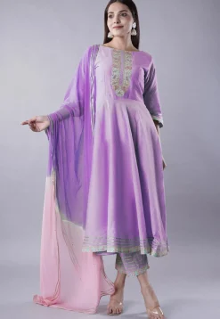 Embroidered Cotton Silk A Line Suit in Light Purple