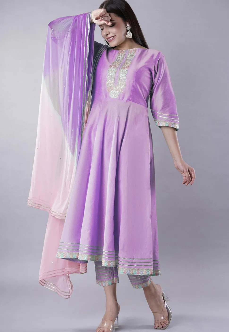 Embroidered Cotton Silk A Line Suit in Light Purple