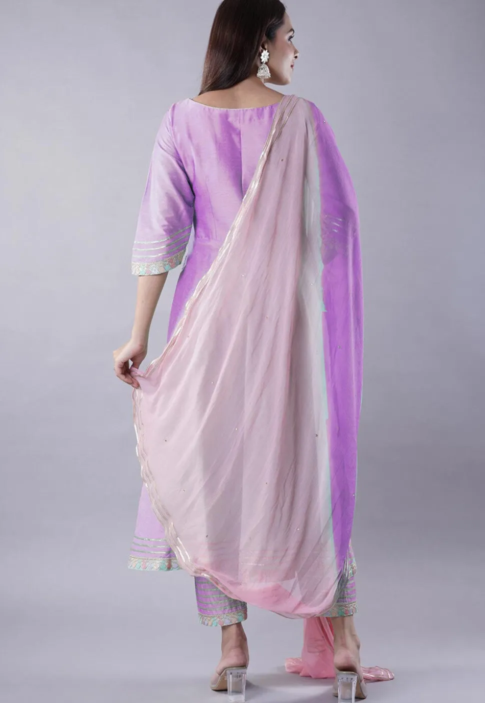 Embroidered Cotton Silk A Line Suit in Light Purple