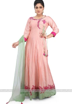 Embroidered Cotton Silk Abaya Style Suit in Peach
