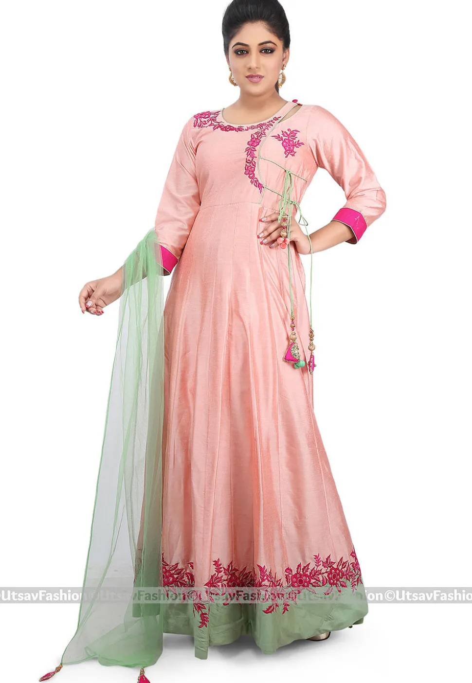 Embroidered Cotton Silk Abaya Style Suit in Peach
