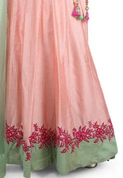 Embroidered Cotton Silk Abaya Style Suit in Peach
