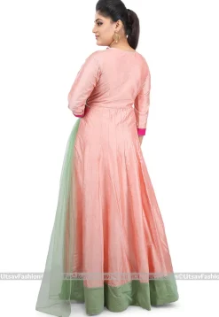Embroidered Cotton Silk Abaya Style Suit in Peach