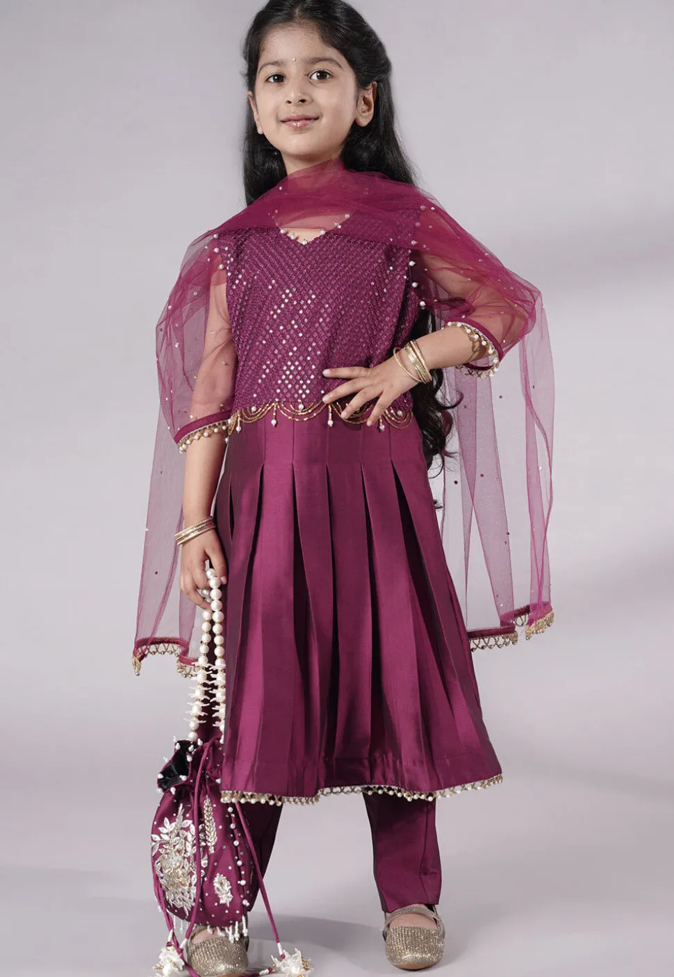 Embroidered Cotton Silk A Line Suit in Purple