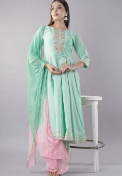 Embroidered Cotton Silk Anarkali Suit in Sea Green