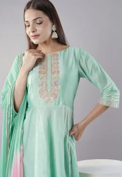 Embroidered Cotton Silk Anarkali Suit in Sea Green