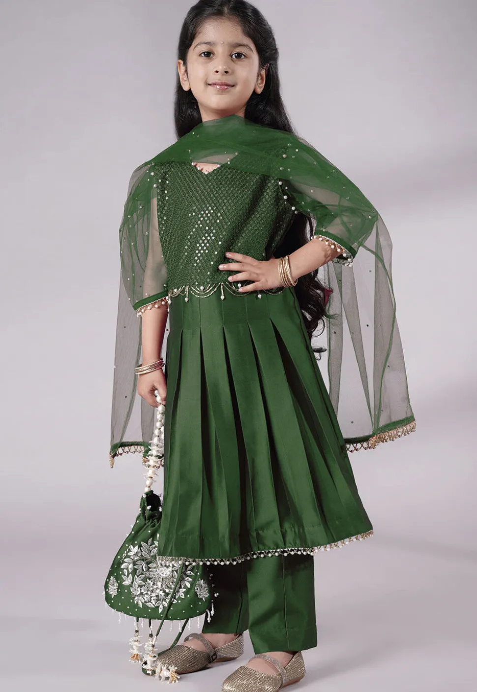 Embroidered Cotton Silk A Line Suit in Dark Green