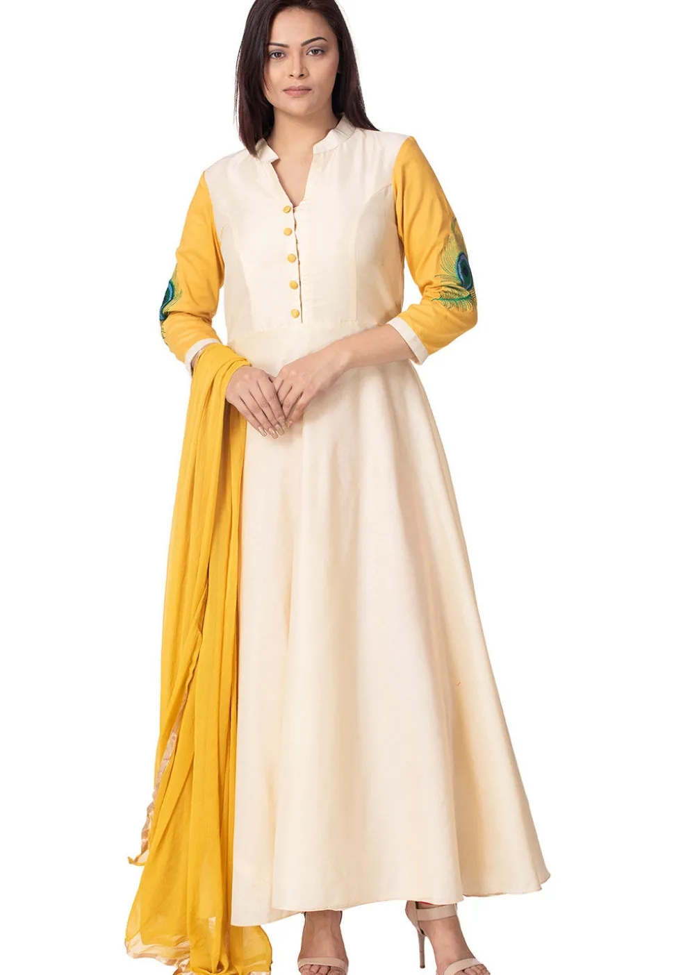 Embroidered Cotton Silk Abaya Style Suit in Cream