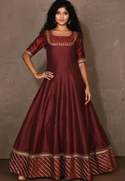 Embroidered Cotton Silk Anarkali Kurta in Maroon