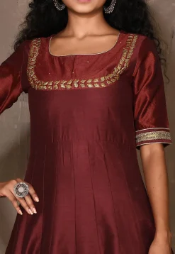 Embroidered Cotton Silk Anarkali Kurta in Maroon