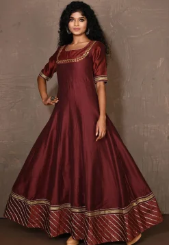 Embroidered Cotton Silk Anarkali Kurta in Maroon