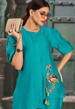 Embroidered Cotton Silk Asymmetric Top Set in Teal Blue