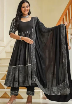 Embroidered Cotton Silk Aline Suit in Black