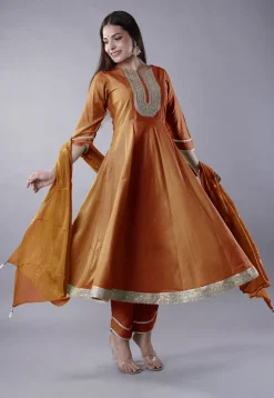 Embroidered Cotton Silk Aline Suit in Brown