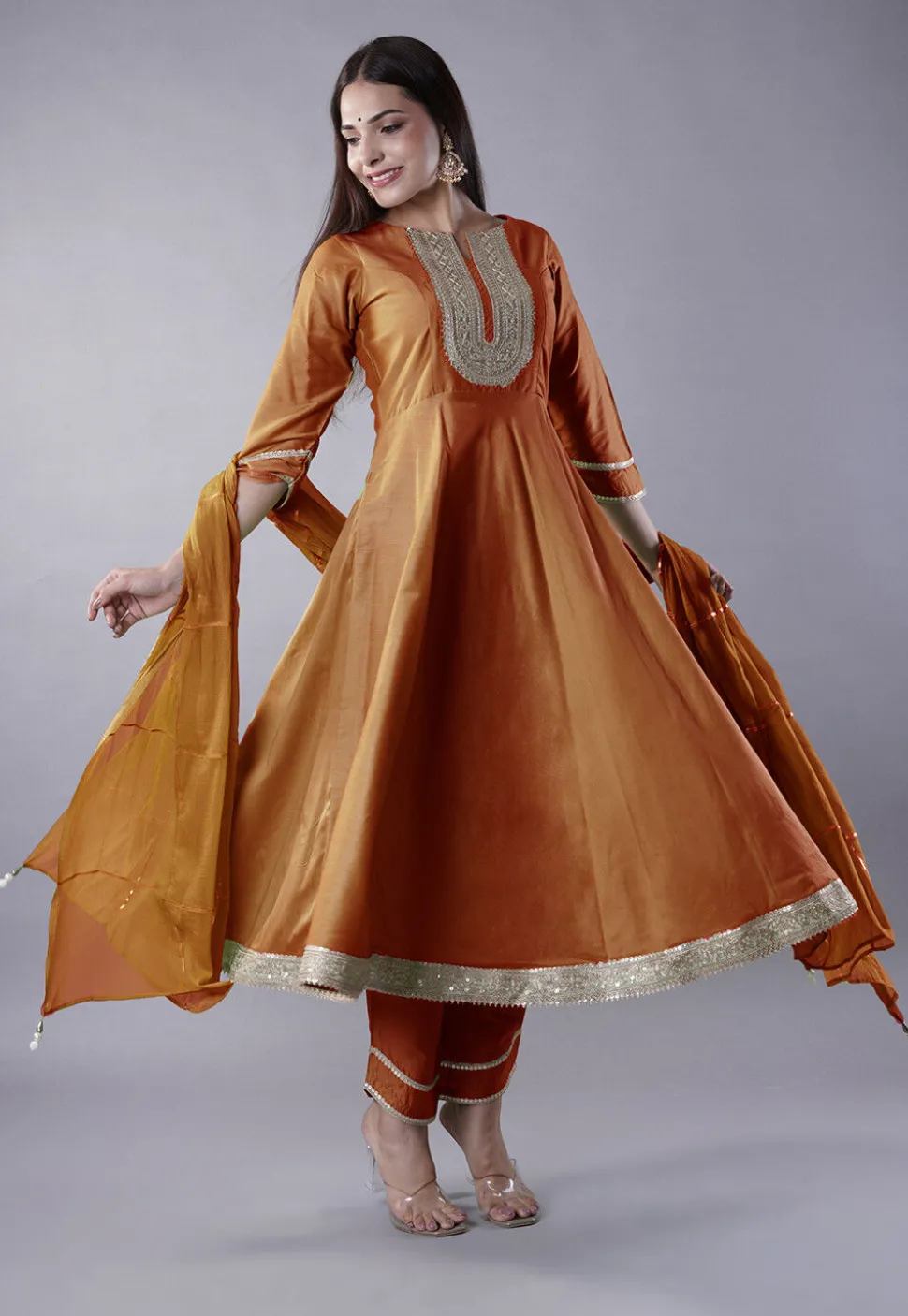 Embroidered Cotton Silk Aline Suit in Brown