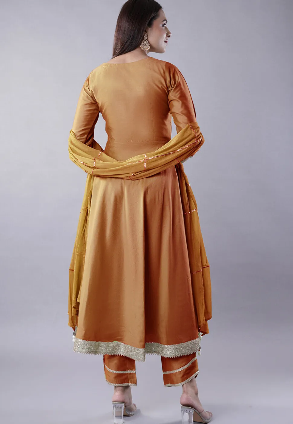 Embroidered Cotton Silk Aline Suit in Brown