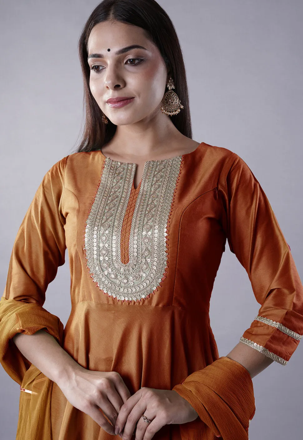 Embroidered Cotton Silk Aline Suit in Brown