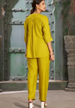 Embroidered Cotton Silk Asymmetric Top Set in Light Olive Green