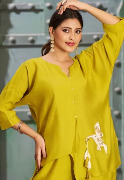 Embroidered Cotton Silk Asymmetric Top Set in Light Olive Green
