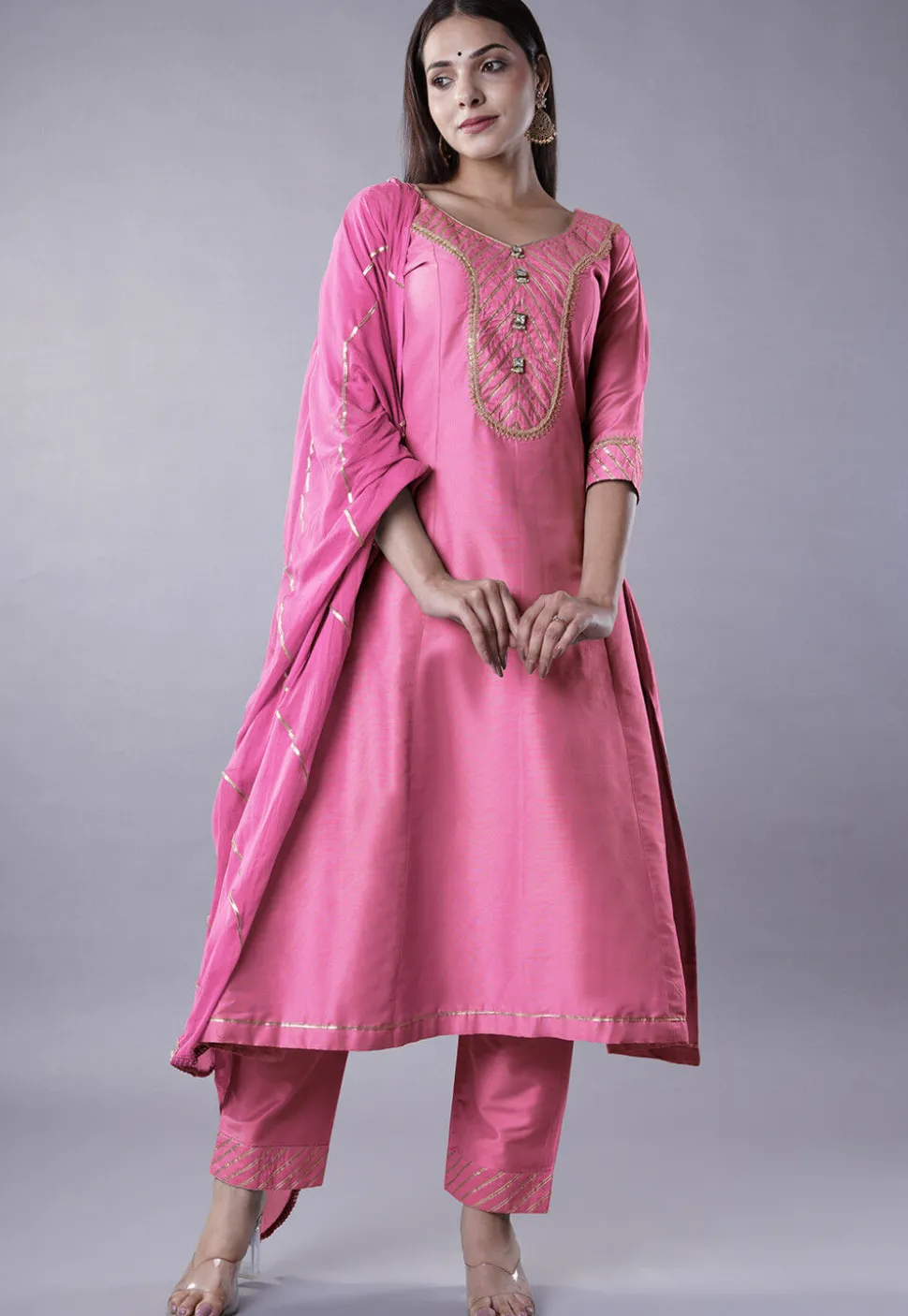 Embroidered Cotton Silk Anarkali Suit in Pink