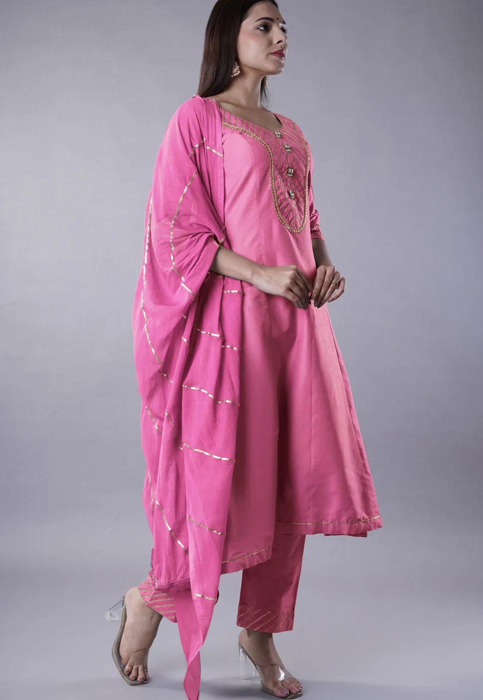 Embroidered Cotton Silk Anarkali Suit in Pink