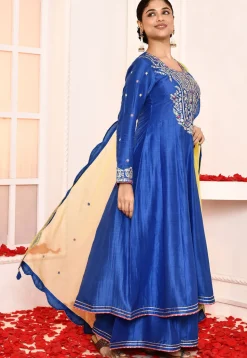 Embroidered Cotton Silk Anarkali Suit in Royal Blue
