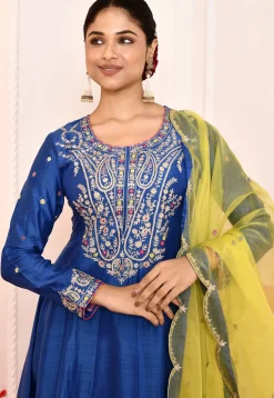 Embroidered Cotton Silk Anarkali Suit in Royal Blue