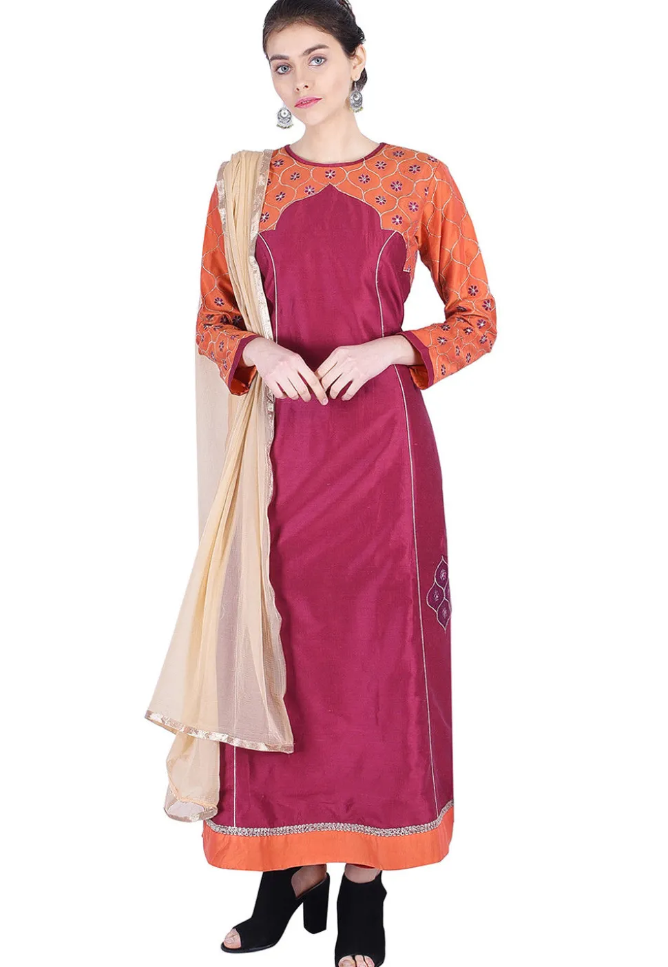 Embroidered Cotton Silk A Line Suit in Magenta