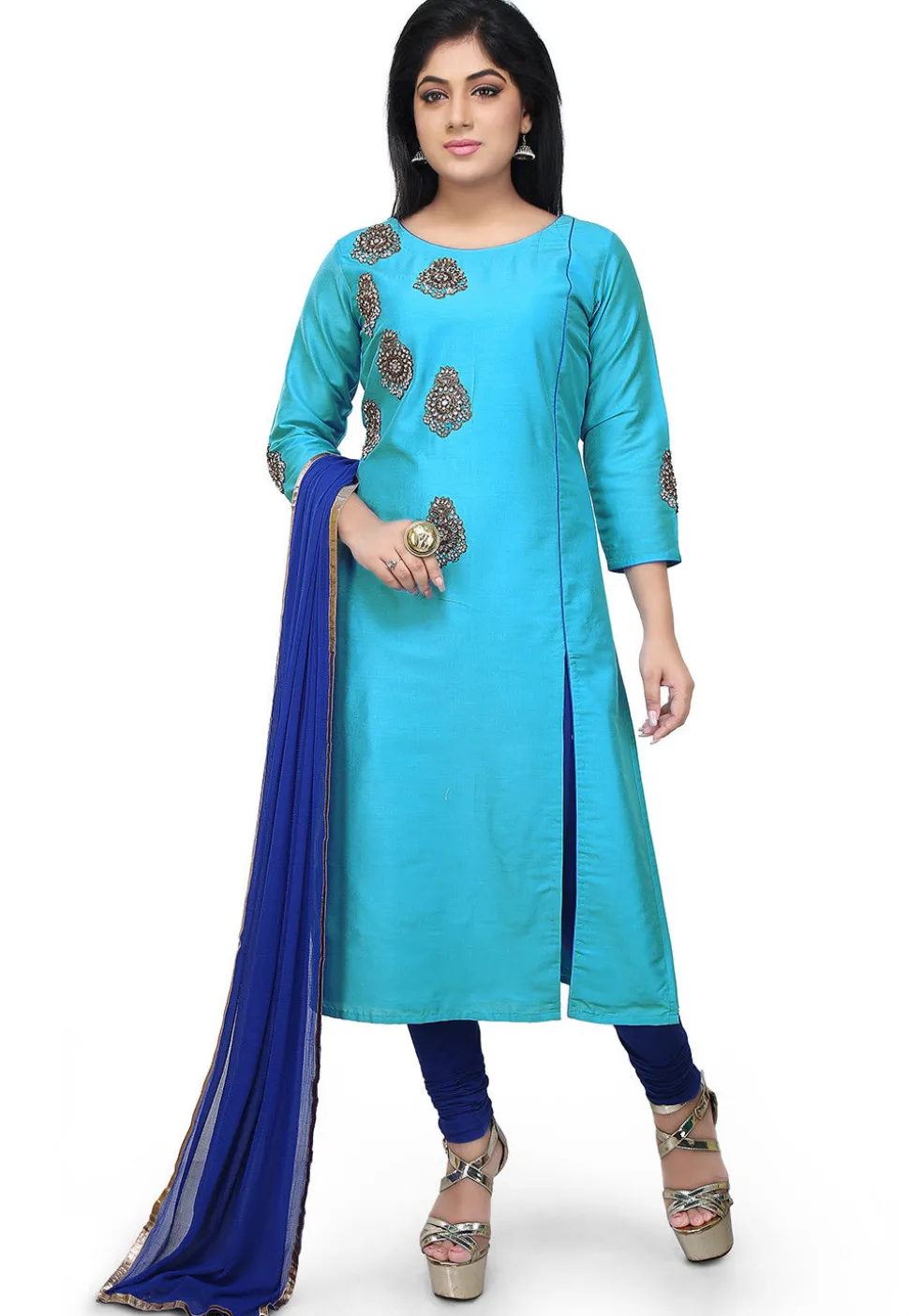 Embroidered Cotton Silk A Line Suit in Turquoise