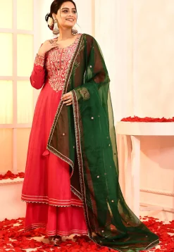 Embroidered Cotton Silk Anarkali Suit in Fuchsia
