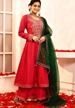 Embroidered Cotton Silk Anarkali Suit in Fuchsia