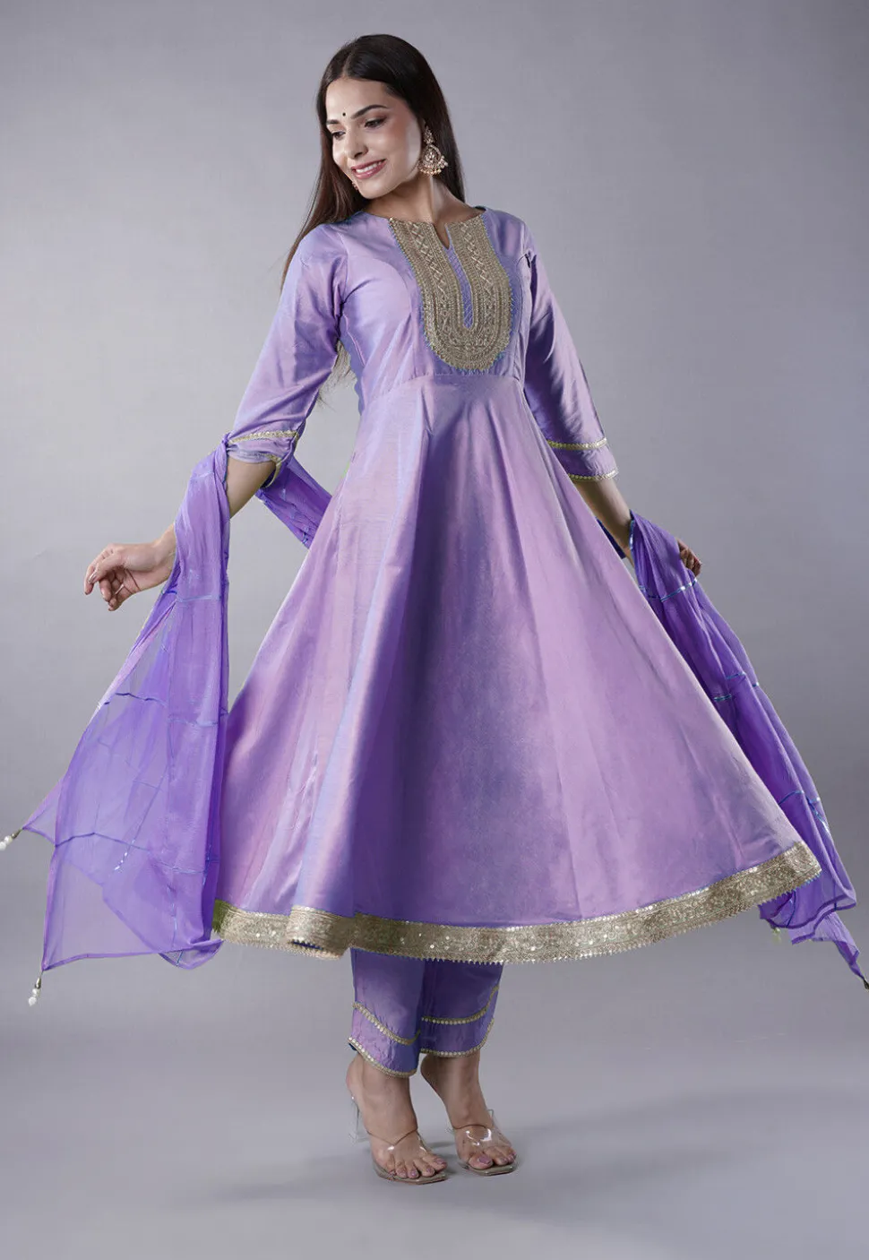 Embroidered Cotton Silk Aline Suit in Light Purple