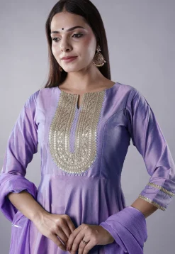 Embroidered Cotton Silk Aline Suit in Light Purple