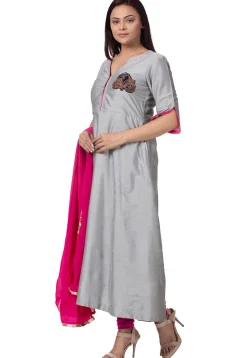 Embroidered Cotton Silk A Line Suit in Grey