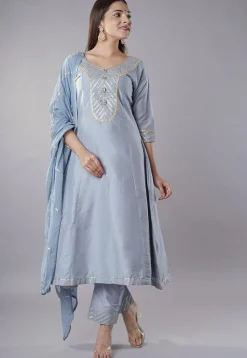 Embroidered Cotton Silk Aline Suit in Grey