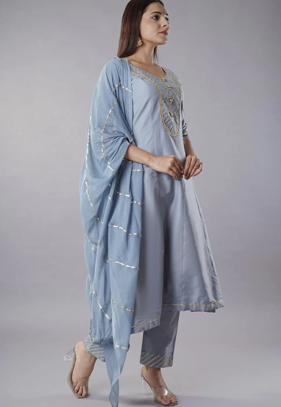 Embroidered Cotton Silk Aline Suit in Grey