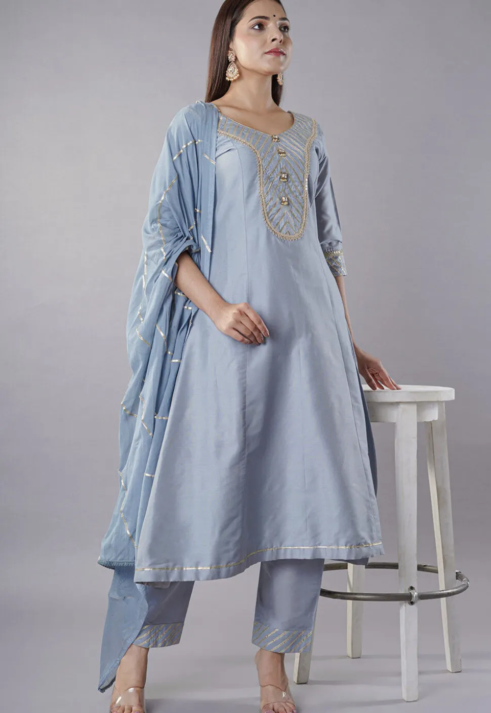 Embroidered Cotton Silk Aline Suit in Grey