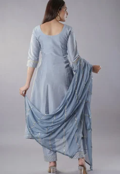Embroidered Cotton Silk Aline Suit in Grey