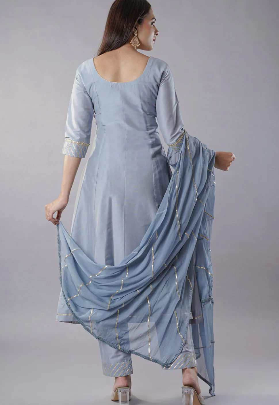 Embroidered Cotton Silk Aline Suit in Grey