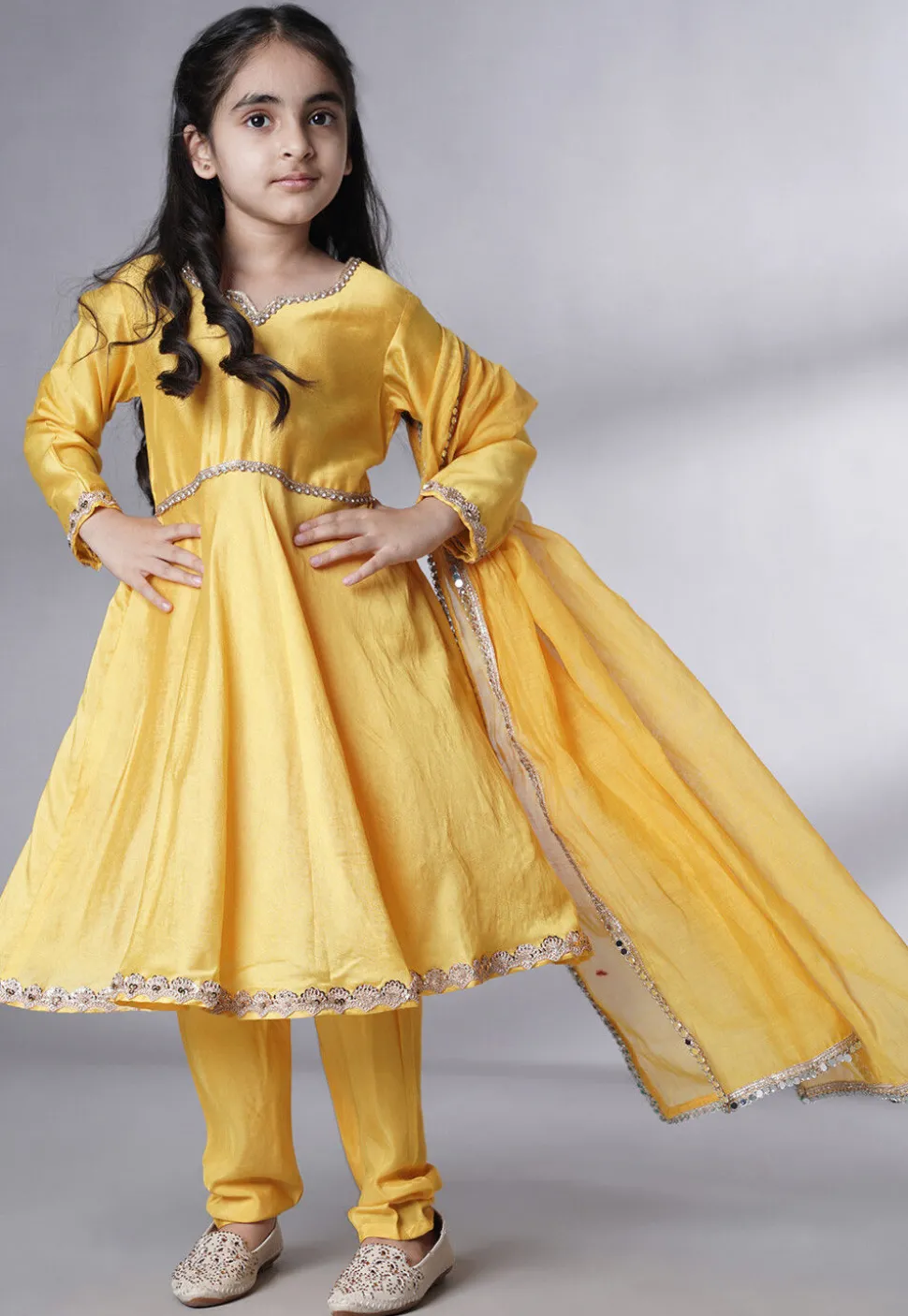Embroidered Cotton Silk A Line Suit in Yellow