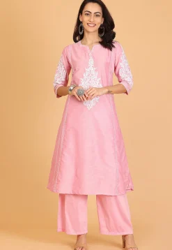 Embroidered Cotton Silk A Line Kurta Set in Pink