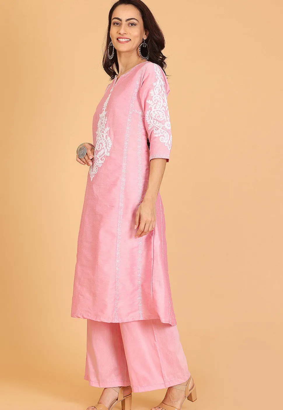Embroidered Cotton Silk A Line Kurta Set in Pink