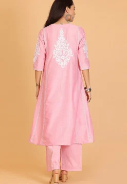 Embroidered Cotton Silk A Line Kurta Set in Pink