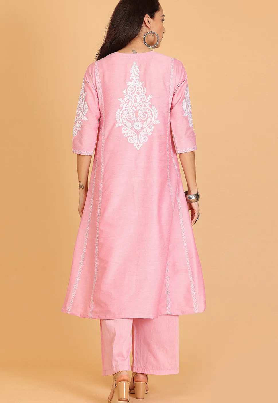 Embroidered Cotton Silk A Line Kurta Set in Pink