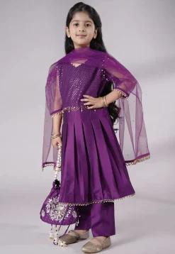 Embroidered Cotton Silk A Line Suit in Dark Purple