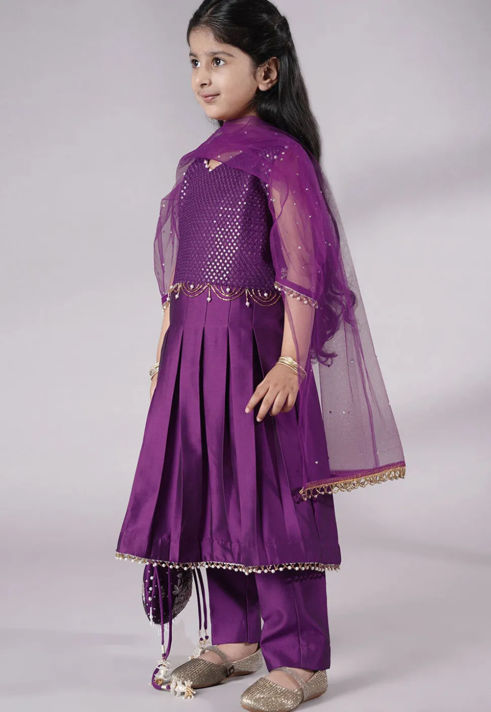 Embroidered Cotton Silk A Line Suit in Dark Purple