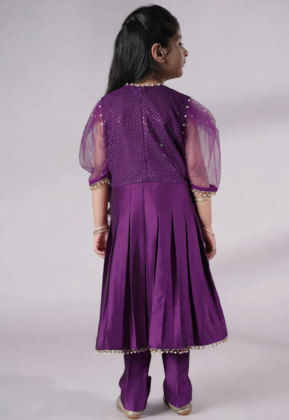 Embroidered Cotton Silk A Line Suit in Dark Purple