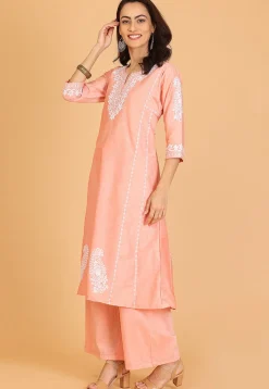 Embroidered Cotton Silk A Line Kurta Set in Peach