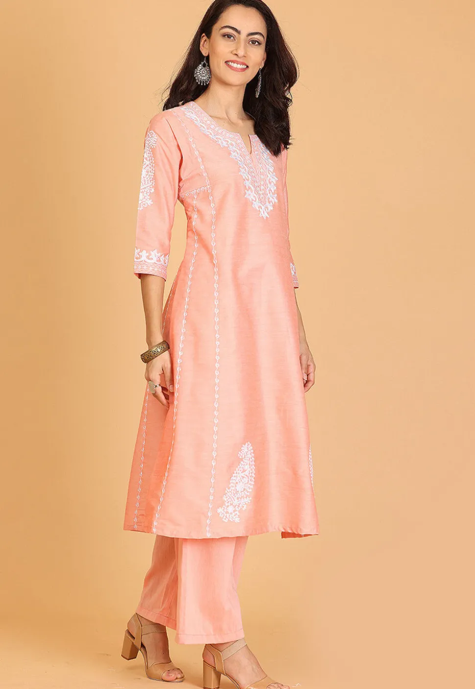 Embroidered Cotton Silk A Line Kurta Set in Peach
