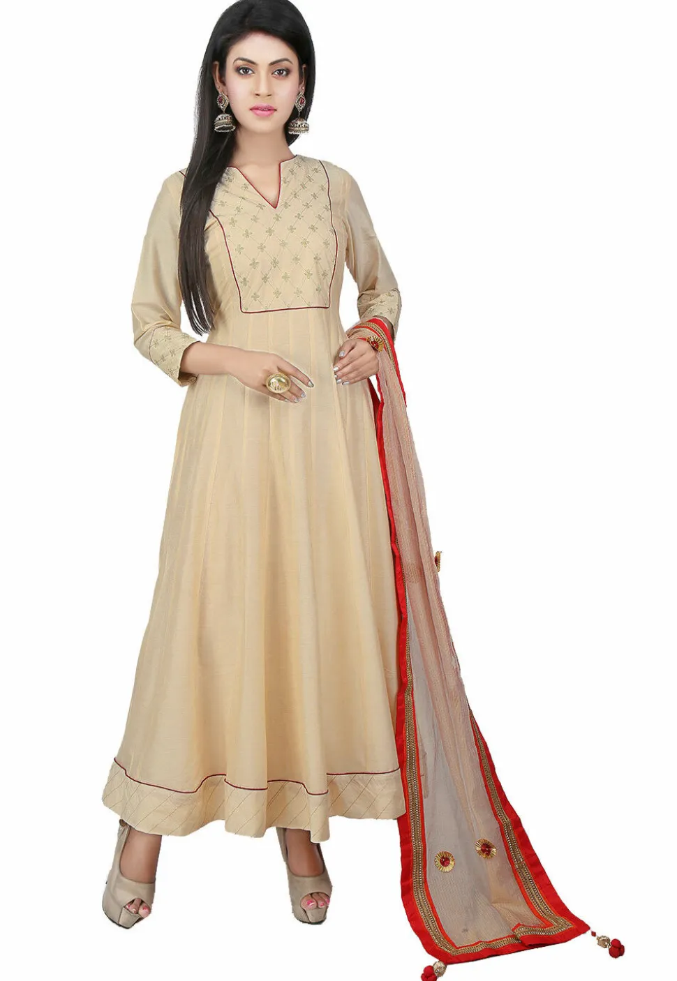 Embroidered Cotton Silk Anarkali Suits in Beige